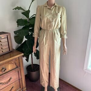 Vintage 1980s JCPenney Beige Cotton Utility Jumpsuit Made in USA